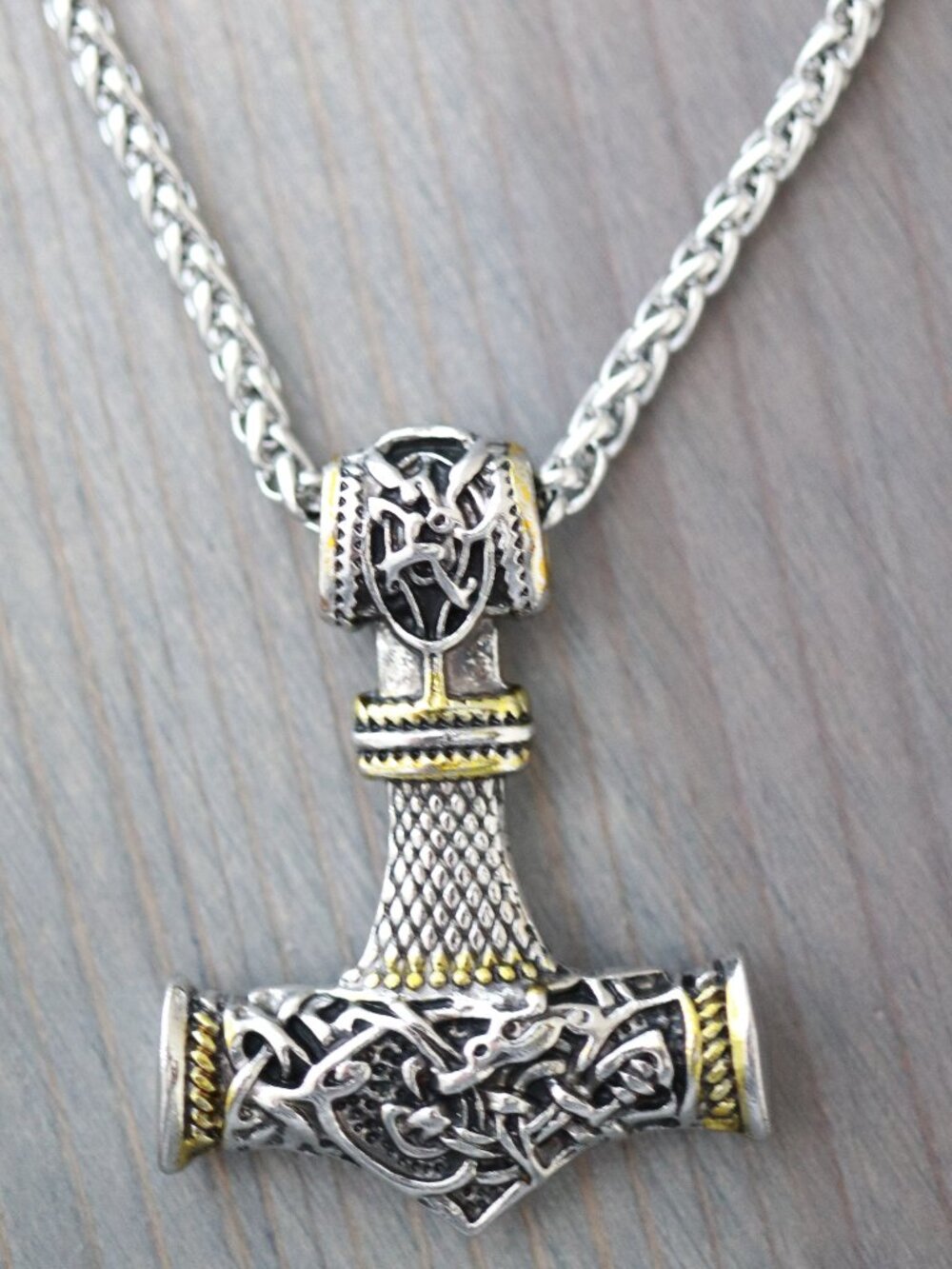Thor Hammer Viking Classic Style Pendant Necklace 2-Tone Stainless Steel